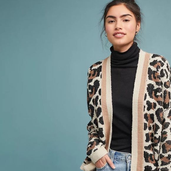Anthropologie, Line & Dot, Leopard Print Open Cardigan, Cream, Brown & Black Tan - Picture 2 of 11
